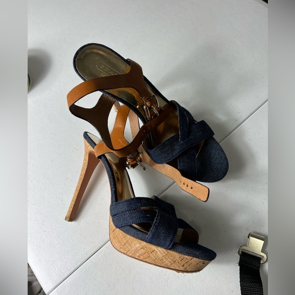 COACH DANI High Heels, Platform Open-Toe, Denim & Leather 9B - Picture 3 of 15